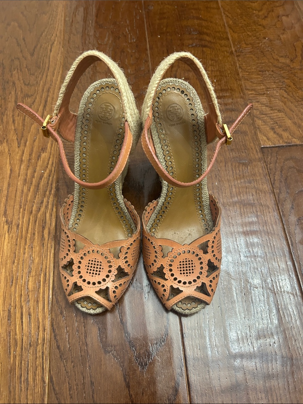Tory Burch Leather Cutout Espadrille Wedge Sandals